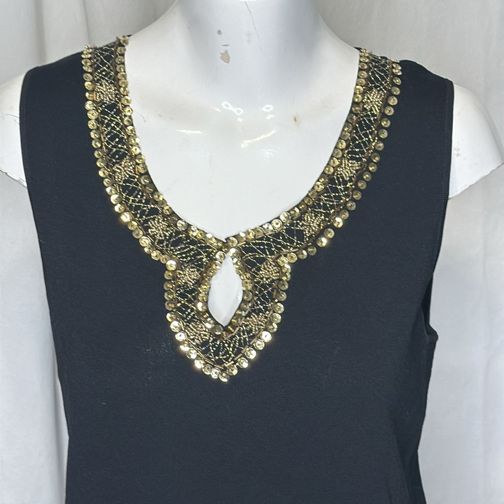 NWT CHICO’S SIZE 2 CLEOPATRA KNIT BLACK TANK TOP WITH GOLD SEQUIN NECK f10 - Picture 2 of 9